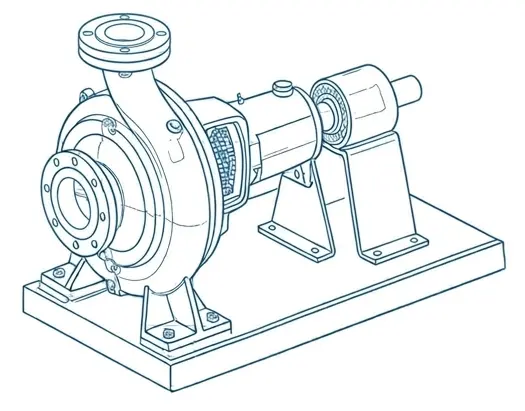 centrifugal pump line drawing in blue line wiht white background. Parts explained.